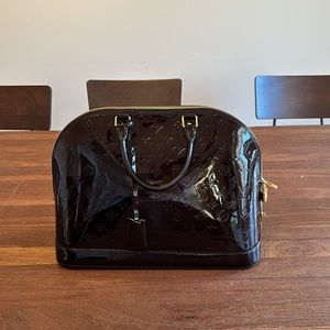 Louis Vuitton Alma Vernis Patent Leather Monogram Embossed Handbag Red Wine